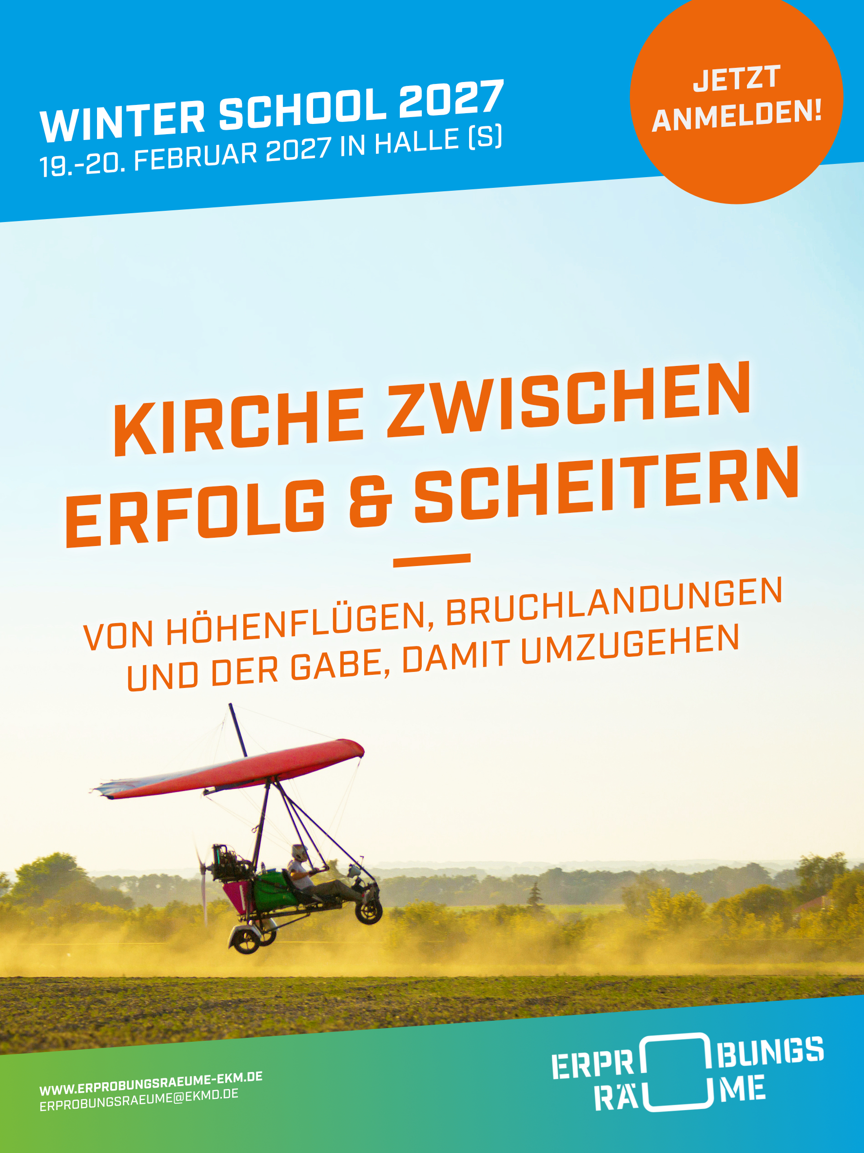 Ein Kleinflugzeug fliegt über ein Feld. Der Text wirbt für die Winterakademie 2027: „Die Kirche zwischen Erfolg und Misserfolg“, die vom 19. bis 20. Februar 2027 in Halle (S), Deutschland, stattfindet.